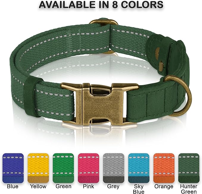 Reflective Leather Dog Collar with AirTag Holder - Soft Apple Airtag Dog Collar with Metal Buckle - Safety Cotton Pet Collars for Dogs Small Large Dogs Puppy (Hunter Green, XS, 9"-12")