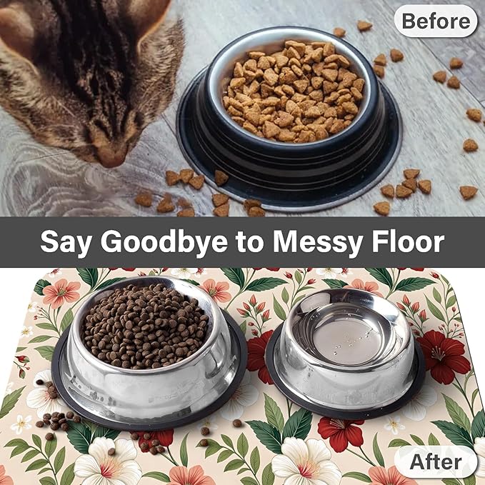 Patterned Cat & Dog Bowl Mat for Food and Water, 12"×20" Quick Dry Absorbent Pet Feeding Mat, Eco-Friendly Dog Placemat