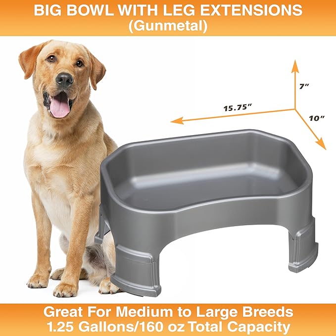 Neater Pet Brands Large Water Bowl for Dogs, Raised Outdoor Dog Water Bowl (1.25 Gallon XL Capacity), Big Trough Style Food Dish for Indoors or Outside, No Spill Large Dog Bowls, Gunmetal Grey
