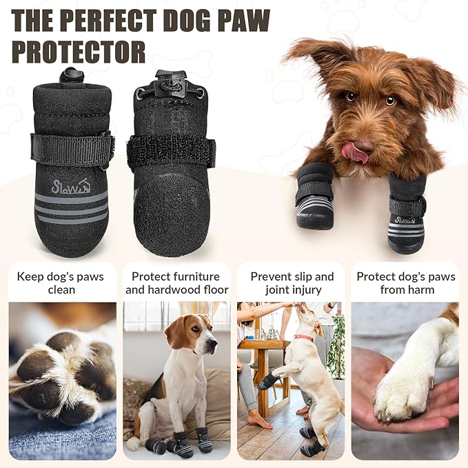 SlowTon Dog Shoes for Medium Large Dogs - Water Resistant Anti-Slip Dog Boots for Hot Pavement Rain Snow,Reflective Dog Paw Protectors for Outdoor Walking, Indoor Hardfloors(Black,2)