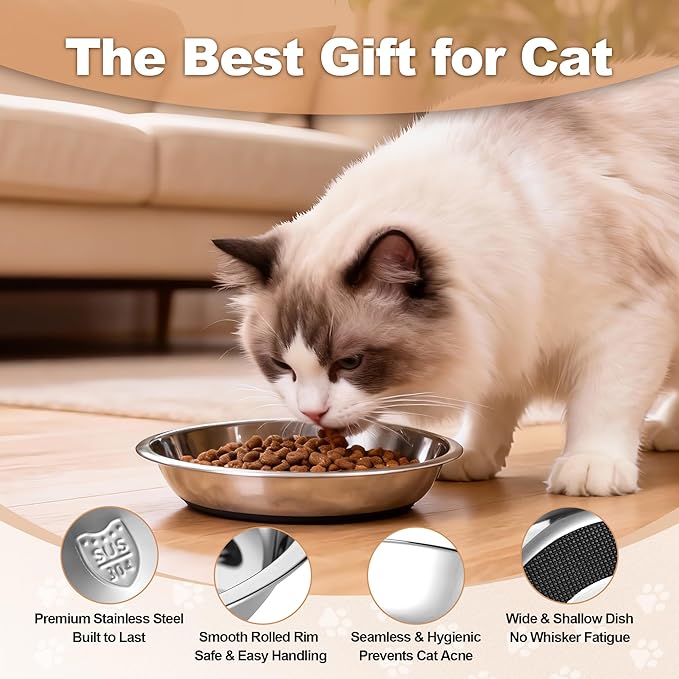 TranRantic 2 Pcs Stainless Steel Cat Bowls, Cats Food Bowls Whisker Friendly, 7 Inch/18cm Non-Slip Pet Bowl Cat Dish Feeding Bowls for Puppy, Small Dogs, Rabbits