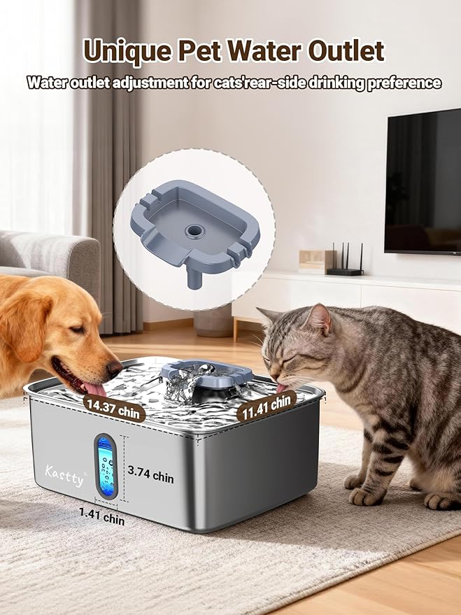 Kastty 4 Gal Dog Water Fountain for Large Dogs,15L Stainless Steel Large Pet Water Fountain, Ultra Quiet Automatic Dog Water Bowl Dispenser with Water Level Window and LED Light(FS78,Grey