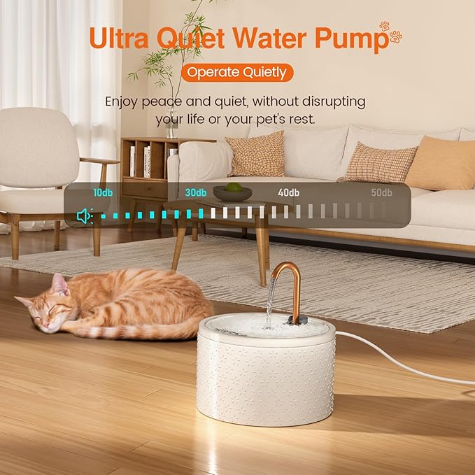 MISFANS Ceramic Cat Water Fountain - 2.1L/71oz - Firework Embossed All-Ceramic Body & Pure Copper Spout - Non-Toxic & Automatic Pet Drinking Fountain Indoor with Ultra-Quiet Pump, 3 Filters & Sponge