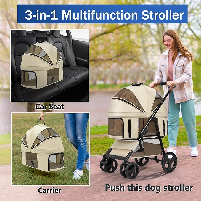 4 Wheels Pet Stroller for Small/Medium Dogs and Cats with Detachable Carrier and Storage Basket,One Click Folding, Compact Portable,3 in1 Multifunctional (Khaki)