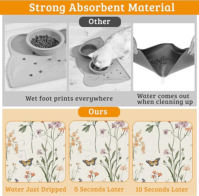 Wildflowers Butterfly Dog Cat Food Mat,Plants Absorbent Waterproof Placemat for Food and Water Non Slip Rubber Backing Durable Feeding Pad for Clean Floors 16" x 24"