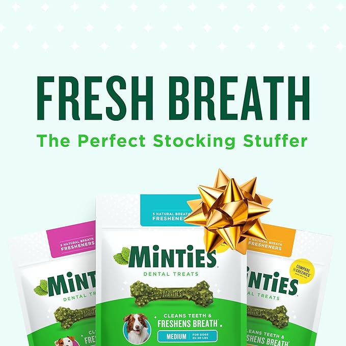 Minties Dental Chews for Dogs, 40 Count, Vet-Recommended Mint-Flavored Dental Dog Treats for Medium Dogs, Bones Clean Teeth, Fight Bad Breath, and Removes Plaque and Tartar