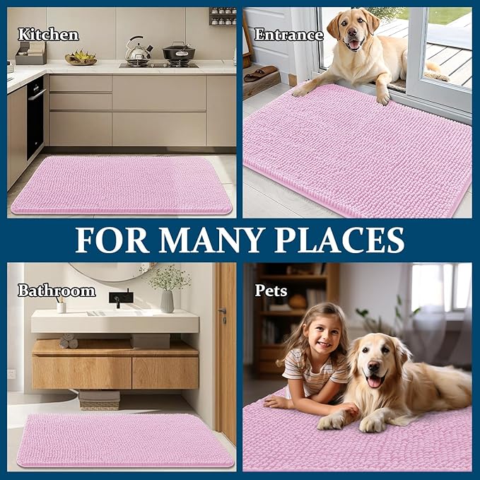 OLANLY Dog Door Mat for Muddy Paws 30x20, Absorbs Moisture and Dirt, Absorbent Non-Slip Washable Doormat, Quick Dry Chenille Mud Mat for Dogs, Entry Indoor Entryway Carpet for Inside Floor, Pink
