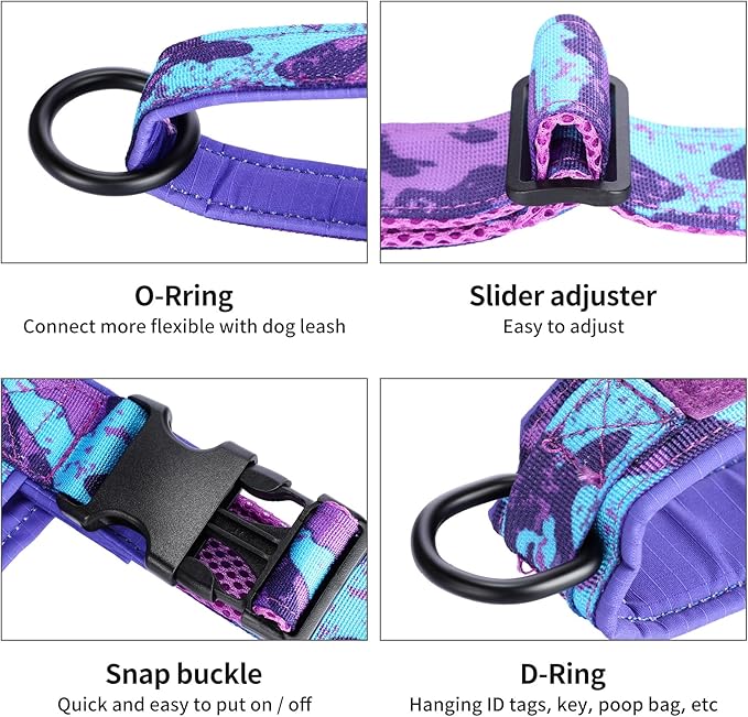 Annchwool No Pull Dog Harness with Padded Handle+5 Ft Leash,Escape Proof and Quick Fit to Adjust Dog Harness,Easy for Training Walking for Small & Medium and Large Dogs(Camo Purple Set,L)