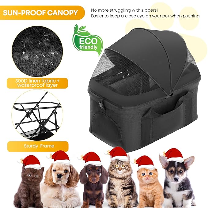 2-in-1 Foldable Pet Stroller with Canopy, 4 Wheels Pet Strolling Cart for Small/Medium Dogs and Cats with Removable Carrier,Breathable Mesh,Mom Tote Bag,Cup Holders,Easy Assembly,Black