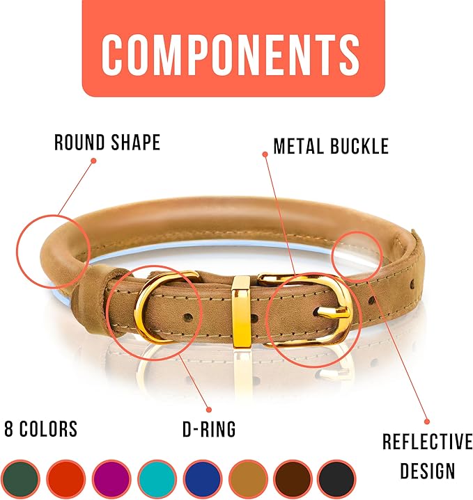 OOPSDOGGY Reflective Rolled Leather Dog Collar Adjustable Soft Padded Pet Collar for Small Medium Large Breed Dogs (Camel, XXL, 20"-24")
