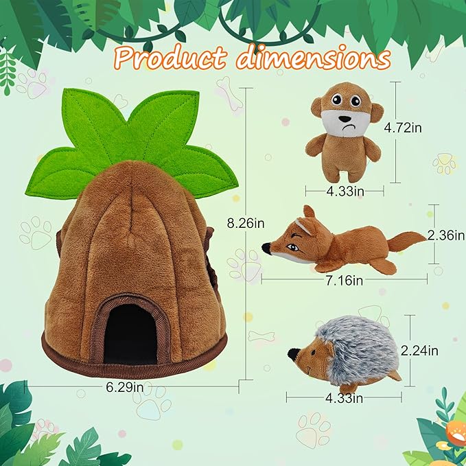 Qiiiiian 4 Packs Crinkle Squeaky Hide and Seek Puppy Toys to Keep Them Busy, Durable Cute Pet Toys for Small Medium Dogs, Interactive Plush Stuffed Chew Toy, Not for Aggressive Chewers - Coconut Tree