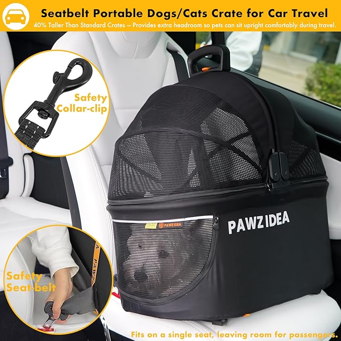 PAWZIDEA Portable Small Dog Crate for Car Travel, Enclosed Pet Car Seat for Small/Medium Dogs & Cats up 33 lb, Reversible No-Zip Canopy, Soft-Sided Pet Carrier Basket, Foldable Dog Kennel, Metal Frame