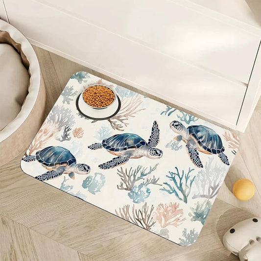 Turtle Dog Cat Food Mat,Coral Absorbent Pet Feeding Mat for Food and Water,Non-Slip Dog Bowl Mats Floor Protector 12"x20"