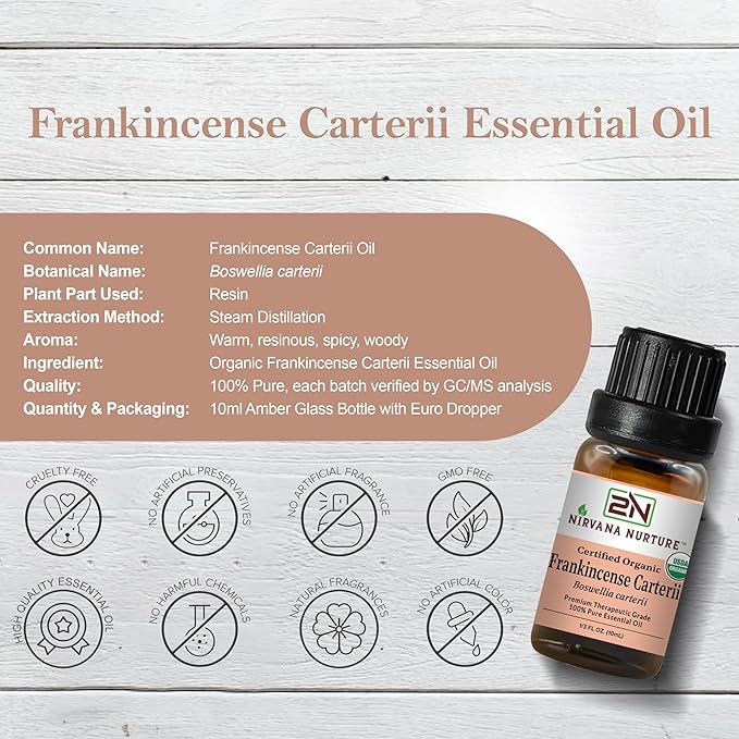 Nirvana Nurture Frankincense Carterii Essential Oil USDA Certified Organic, 100% Pure Natural Premium Grade, Undiluted