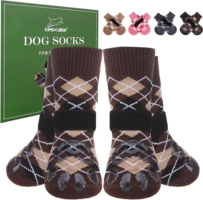 EXPAWLORER Dog Socks to Prevent Licking Paws,Dog Shoes for Hot Pavement,4 Pcs Double Sided Anti Slip Dog Socks with Grippers,Dog Booties for Small Medium Large Senior Dogs,British Style,Brown M