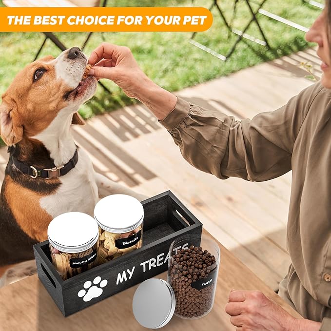 qeerable Dog Treat Jar for Countertop - Dog Treat Container with 3 Jars - Pet Food Organizer For Puppy - Airtight Grey Wooden Dog Treat Storage With Lids - Great Gift for Pet Dog Owners