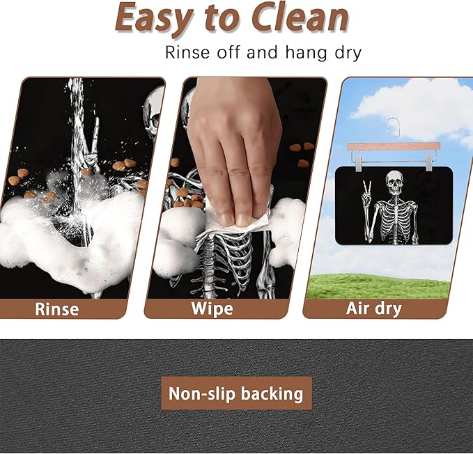 Funny Skull Skeleton Dog Food Mat for Floors,Absorbent Quick-Dry Pet Feeding Mat,Cat Dog Bowl Mats for Food and Water,Non-Slip Pet Accessories Supplies 12"x20"