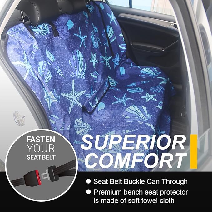 LoyaGour Back Seat Cover for Car Trucks Van SUV,Waterproof Rear Bench Towel Seat Covers for Dogs and Kids,Automotive Backseat Protector (Conch Shells Starfish)