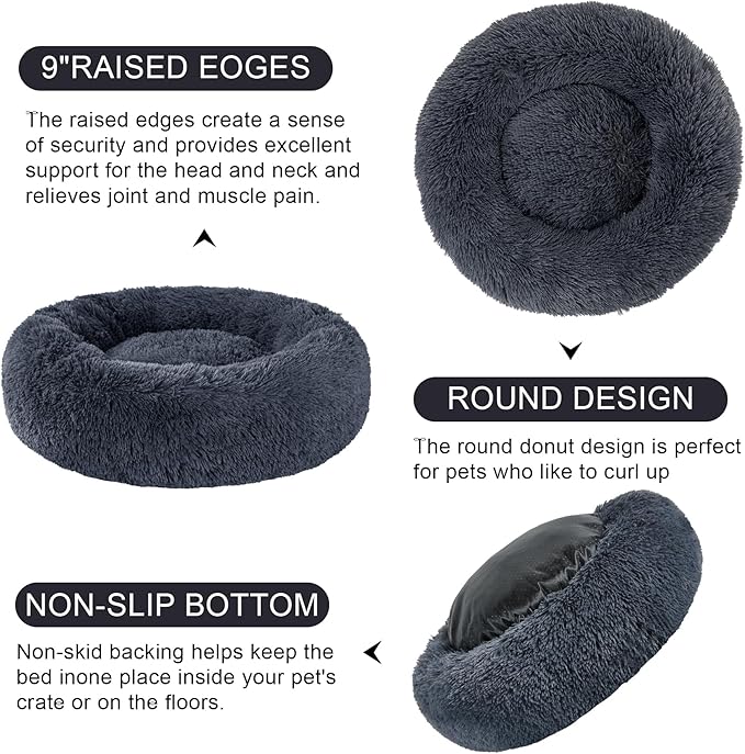Dog Calming Beds for Small Medium Large Dogs - Round Donut Washable Puppy Dog Bed, Anti-Slip Faux Fur Fluffy Donut Cuddle Anxiety Cat Pet Bed(16" Dark Grey)