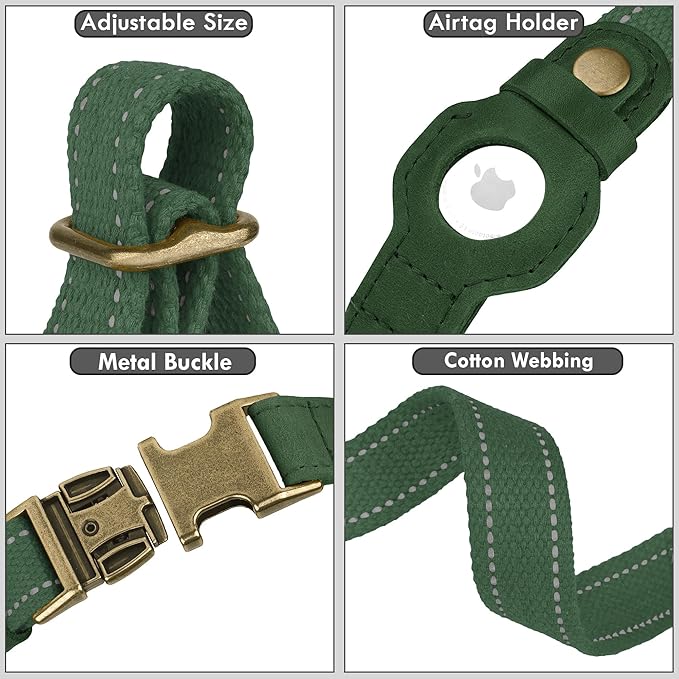 Reflective Leather Dog Collar with AirTag Holder - Soft Apple Airtag Dog Collar with Metal Buckle - Safety Cotton Pet Collars for Dogs Small Large Dogs Puppy (Hunter Green, XS, 9"-12")