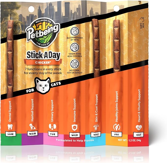 PETBEING Stick a Day Cats | Specially Formulated 7-in-1 Functions Daily Real Meat Supplement for Cats | Cat Chew Stick & Pet Vitamins Supplements Combination (7-Pack x 4, Chicken)