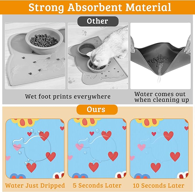 Pet Feeding Mat,Dog Paws Absorbent Dog Cat Food Mat Cute Cat Dog Mat with Rubber Backing,Non-Slip Water Bowl Placemat,Pet Supplies 12" x 20"