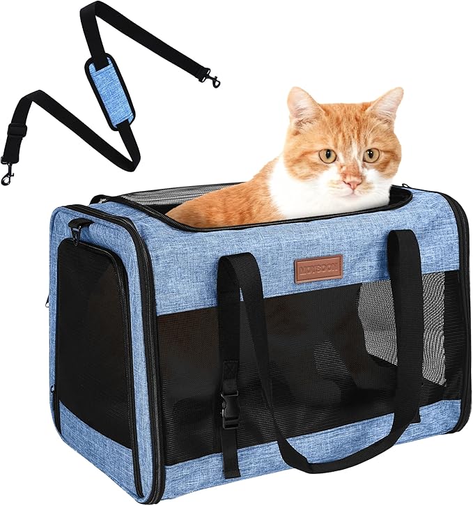 PETUX Large Cat Carrier for Cats ＆ Puppy Up to 20Lb - Top & Side Entry, 4 Side Breathable, Foldable Soft Sided Dog Carrier with Safety Car Seat Buckle & Anti-Scratch Mesh for Car, Travel ＆ Vet - Blue