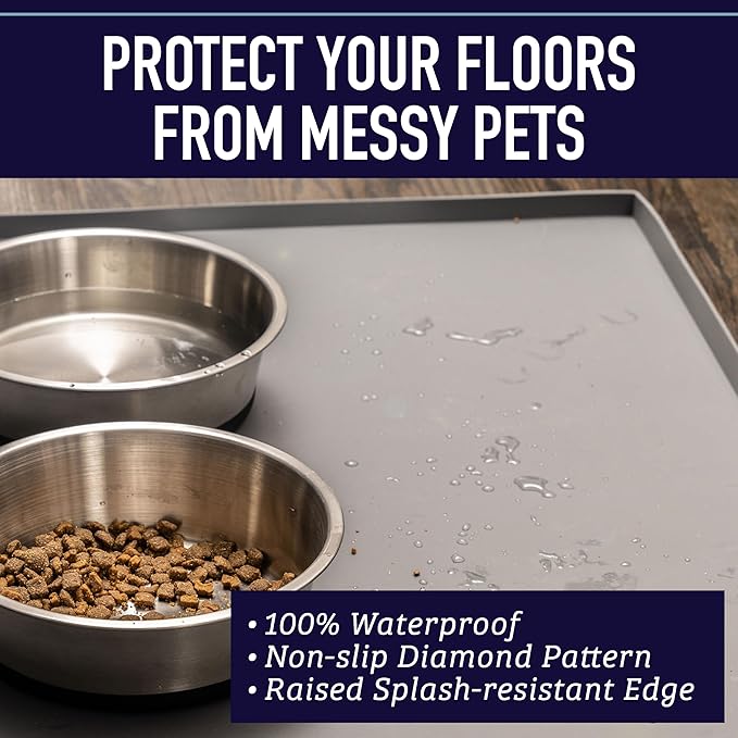 Leash Boss Waterproof Pet Feeding Mat - Silicone Dog Food Mat, Raised-Edge Spill Containment, Non-Slip Bowl Surface, 20 x 13 in, Gray