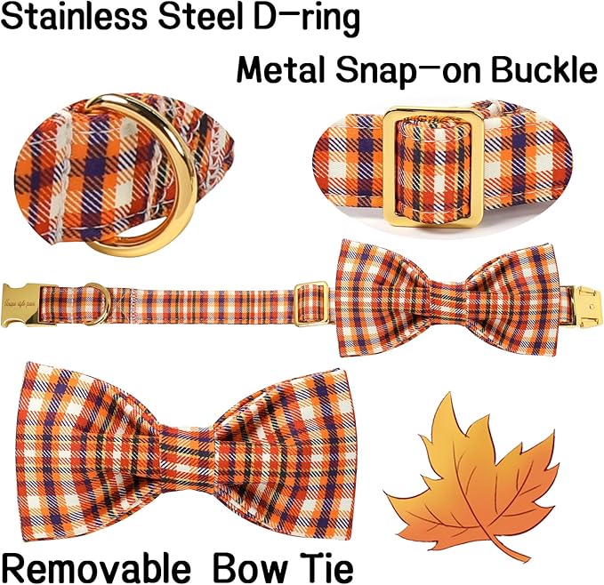 Unique style paws Cotton Dog Collar with Bow Autumn Puppy Collar with Colorful Orange Grid for Small Medium Large Boys Girls Dogs