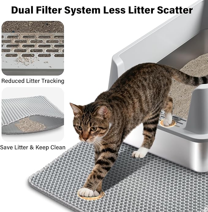 Stainless Steel Litter Box — Metal Litter Box with Lid & Mat, High-Sided, Non-Stick, Easy Clean, Odor-Free Stainless Steel Cat Litter Boxes XL for Indoor & Multiple Cats, Large Cat Litter Boxes