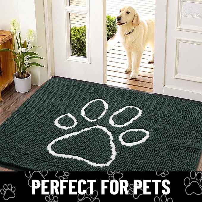 Smiry Dog Door Mat for Muddy Paws, Absorbent Dirt Trapper Non Slip Quick Dry Washable Chenille Mat for Mud Dogs, Entry Rug for Indoor and Outdoor (71x46 Inches, Green and White)