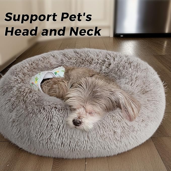 Calming Dog Bed & Cat Bed for Indoor Cats, Medium Size Washable Anti-Slip Anti-Anxiety Donut Dog Beds for Small Dogs & Cats, Fluffy Plush Cozy Round Dog Bed(20 Inch, Brown)