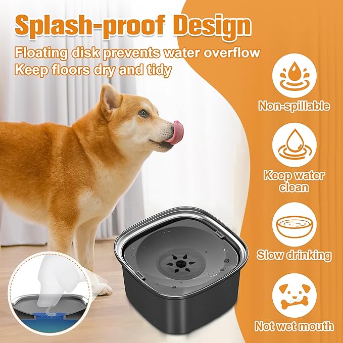 Decflow Stainless Steel Slow Drinking Dog Bowl with Lid - 3L Travel Pet Water Dispenser, Black