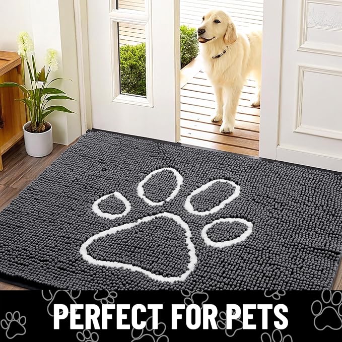 Smiry Dog Door Mat for Muddy Paws, Absorbent Dirt Trapper Non Slip Quick Dry Washable Chenille Mat for Mud Dogs, Entry Rug for Indoor and Outdoor (40x32 Inches, Dark Grey and White)