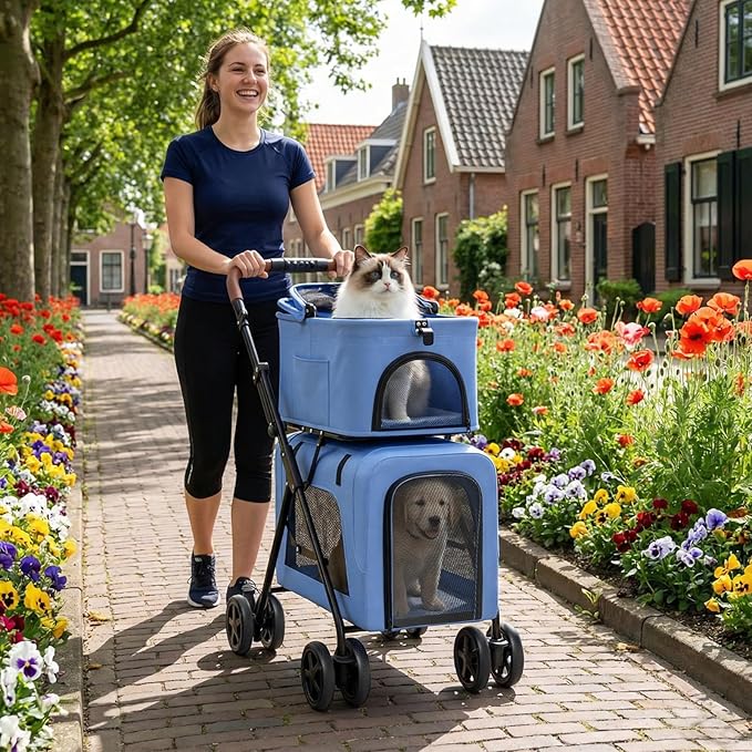 Magshion Foldable Double Pet Stroller for 2 Small & Medium Dogs and Cats, Detachable Top & Bottom Carriers, Breathable Mesh, One-Click Fold, Cat Stroller with No Zip Entry