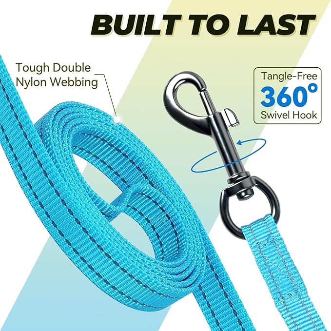 VIVAGLORY Twingrip Dog Leash, Double Handle Dog Leash for Training & Walking with Traffic Handle & 2 Loop, Traffic Control Reflective Heavy Duty for Puppy Pet, 4ft x 1/2in, Lake Blue