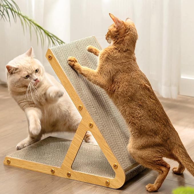 A-Frame Cat Scratching Board, Recycled Cardboard & Wood Frame, Dual-Sided Vertical Horizontal Cat Scratcher for Indoor Kittens, Space-Saving Furniture Protector for Sofa Walls-Light Wood, Small