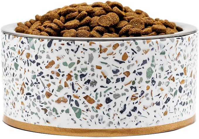 Pet Junkie Terrazzo Single Elevated Pet Bowl Stand with Removable Stainless Steel 16oz Inner Bowl for Small Dog Breed or Cat - Raised Dog Food or Water Station (Small, White)