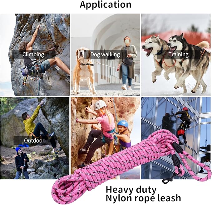 Long Dog Leash for Training 20Ft-Reflective Nylon Rope with Swivel Hook-Recall Agility Lead for Large Small Medium Dogs Outside Walking Hiking-Pink Diam 1/2"