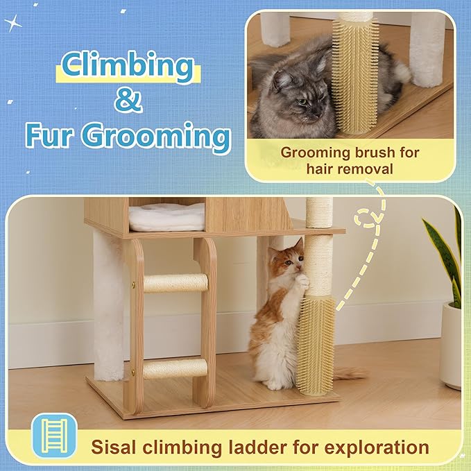Hey-brother Wooden Cat Tree, 69.7 inch Cats Furniture Tower with Large Platforms, Hammocks, Spacious Condo, Full Sisal Scratching Posts, Ladder, Brush, Water Proof Surface, White Oak MPJ120BT