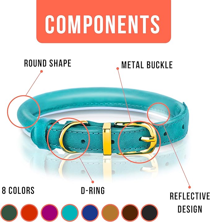 OOPSDOGGY Reflective Rolled Leather Dog Collar Adjustable Soft Padded Pet Collar for Small Medium Large Breed Dogs (Teal, M, 12"-15")