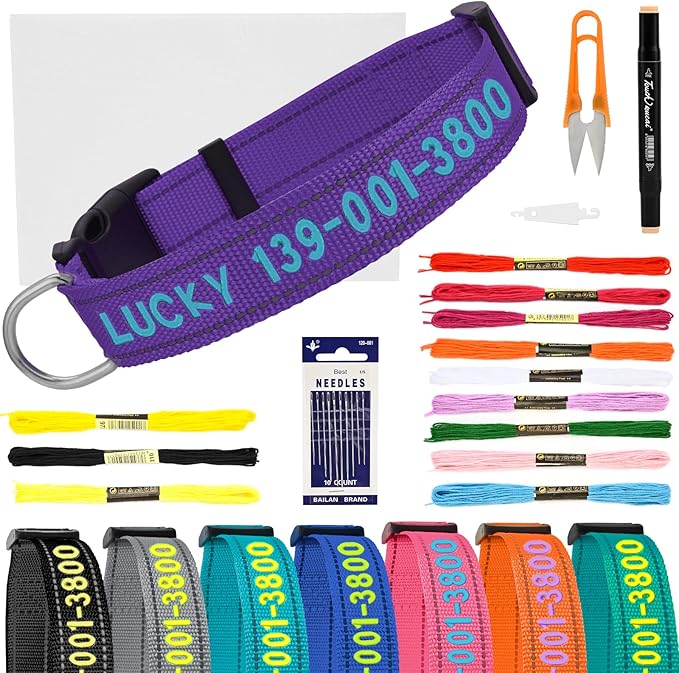 DIY Personalized Embroidered Dog Collar - Custom Hand-Stitched Name & Number, Reflective Adjustable Pet Collar for Small/Medium/Large Dogs & Cats, Durable Nylon with Steel D-Ring (Purple, Small)