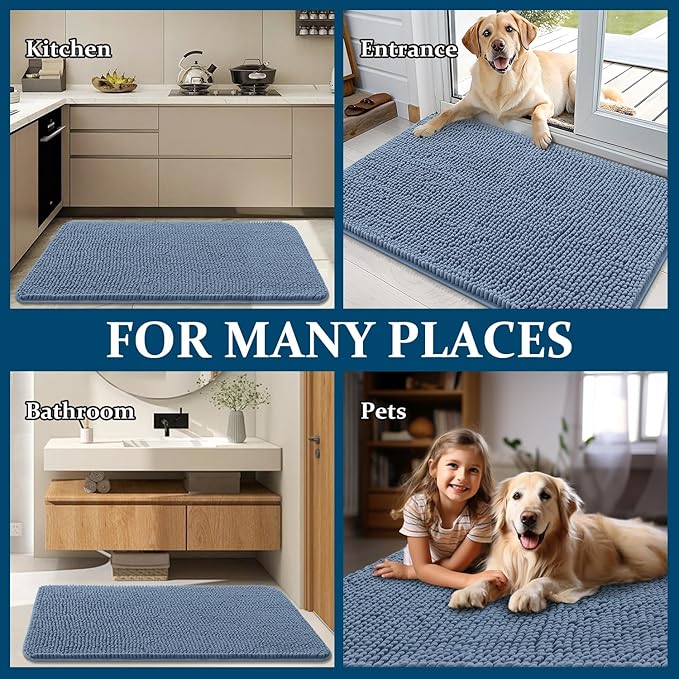 OLANLY Dog Door Mat for Muddy Paws 48x30, Absorbs Moisture and Dirt, Absorbent Non-Slip Washable Doormat, Quick Dry Chenille Mud Mat for Dogs, Entry Indoor Entryway Carpet for Inside Floor, Airy Blue