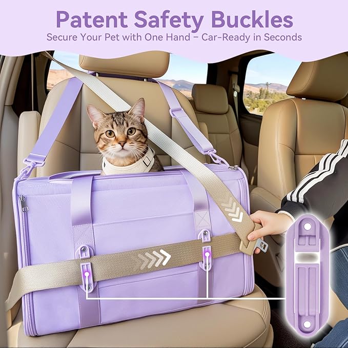 Petsfit 18 X 11 X 11 Airline Approved & Cat Car Carrier with Patent Safety Buckles, Escape-Proof Zippers & Mesh Side, Keeps Pets Secure in Cars, Comfy on Trips & Easy to Carry — Gift for Pet Lovers