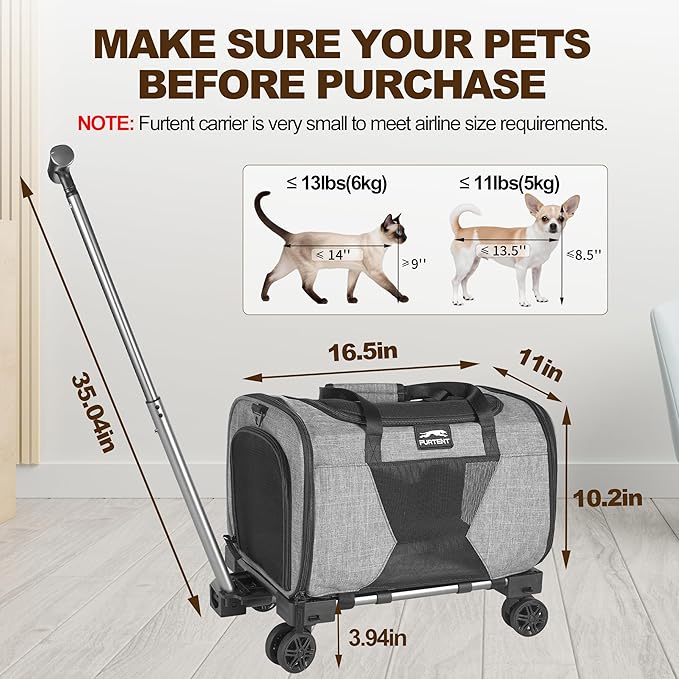 Airline Approved Cat Carrier with Wheels, Airline Cat Carriers in Cabin up to 13lbs, Rolling Soft-Sided Travel Bag for Small Cats and Dogs with Upgraded Wheels and Pet Bowl 16.5 * 11 * 10.2in, Grey