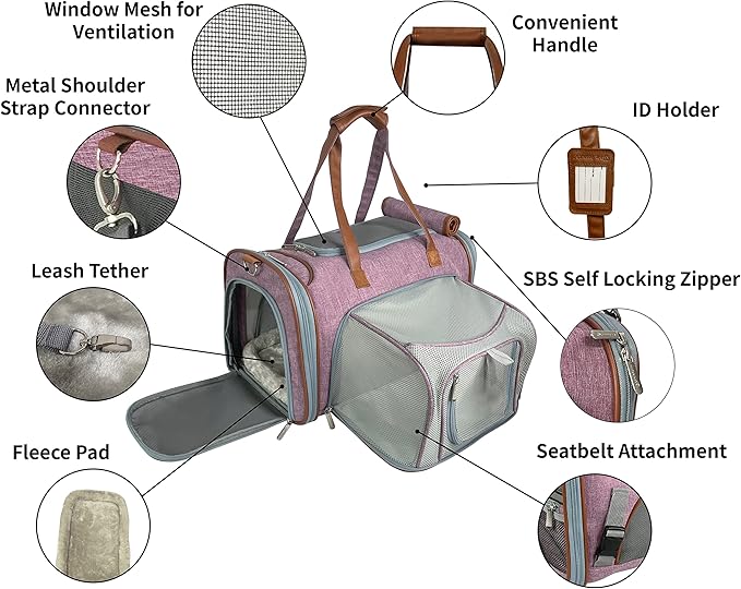 Mr. Peanut's Gold Series Mini Expandable Airline Approved Soft Sided Pet Carrier, Premium Brand Self Locking Zippers, Plush Faux Fleece Bedding with a Sturdy Plywood Base (Purple)