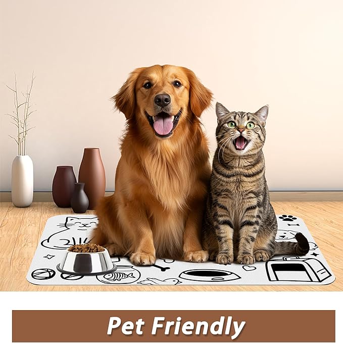 Cute Cat Bird Paw Print Dog Cat Food Mat,Absorbent Pet Feeding Mat with Rubber Backing,Non-Slip Water Bowl Placemat,Indoor Pet Accessories Supplies 16"x24"