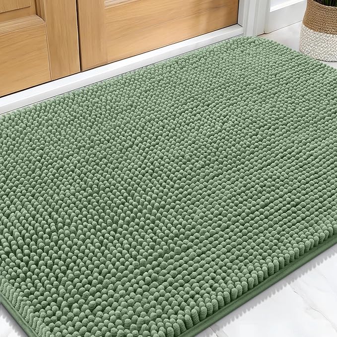 OLANLY Dog Door Mat for Muddy Paws 34x21, Absorbs Moisture and Dirt, Absorbent Non-Slip Washable Doormat, Quick Dry Chenille Mud Mat, Entry Indoor Entryway Carpet for Inside Floor, Olive Green
