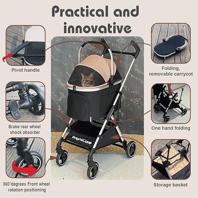 Pet Stroller for Small Dogs & Cats Under 20 lb with Detachable Carrier, Converts to Car Seat, Ultra-Lightweight only 11lb, One-Hand Fold