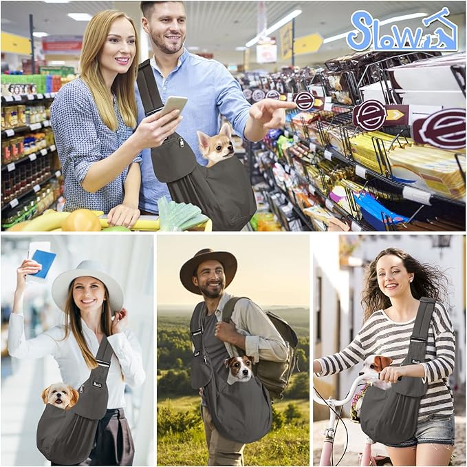 SlowTon Dog Carrier Sling - Thick Padded Shoulder Strap Adjustable Dog Carriers for Small Dogs, Puppy Carrier Purse for Pet Cat with Front Zipper Pocket Safety Belt Machine Washable (Gray, XS)